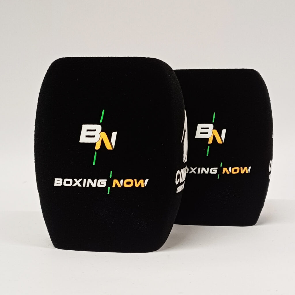 Photo of custom windscreen for Boxing Now, UK - printed microphone windshield by MicWindshields.com