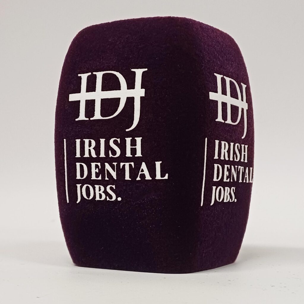 Photo of custom windscreen for Irish Dental Jobs, IE - printed microphone windshield by MicWindshields.com