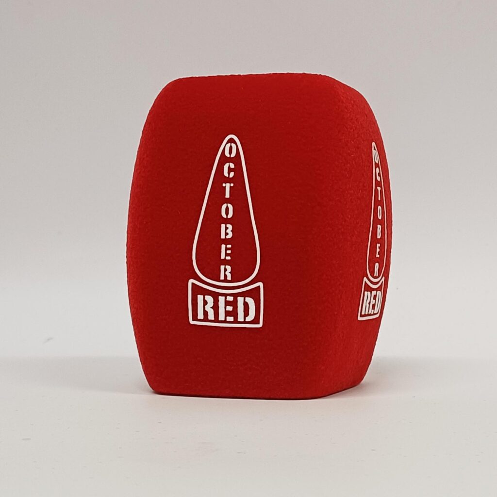 Photo of custom windscreen for October RED, UK - printed microphone windshield by MicWindshields.com
