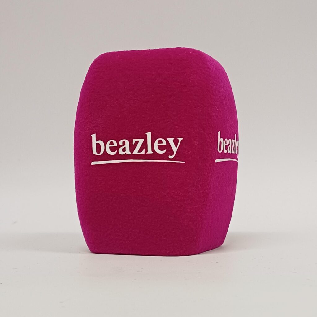 Photo of custom windscreen for Beazley, UK - printed microphone windshield by MicWindshields.com