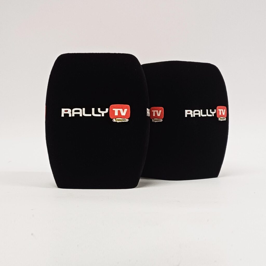 Photo of custom windscreen for Rally Tv, IE - printed microphone windshield by MicWindshields.com