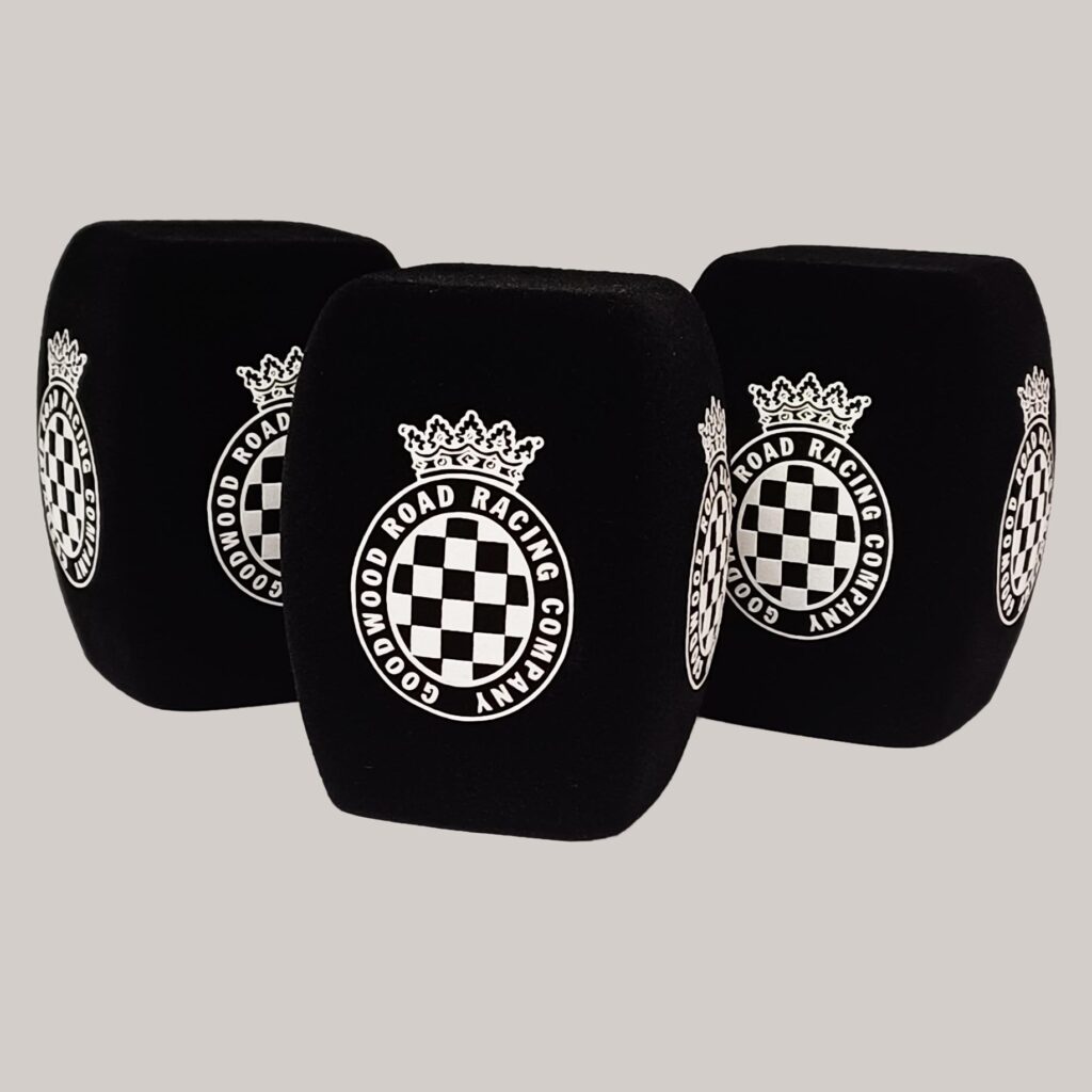 Photo of custom windscreen for GoodWood Road Racing Company, UK - printed microphone windshield by MicWindshields.com