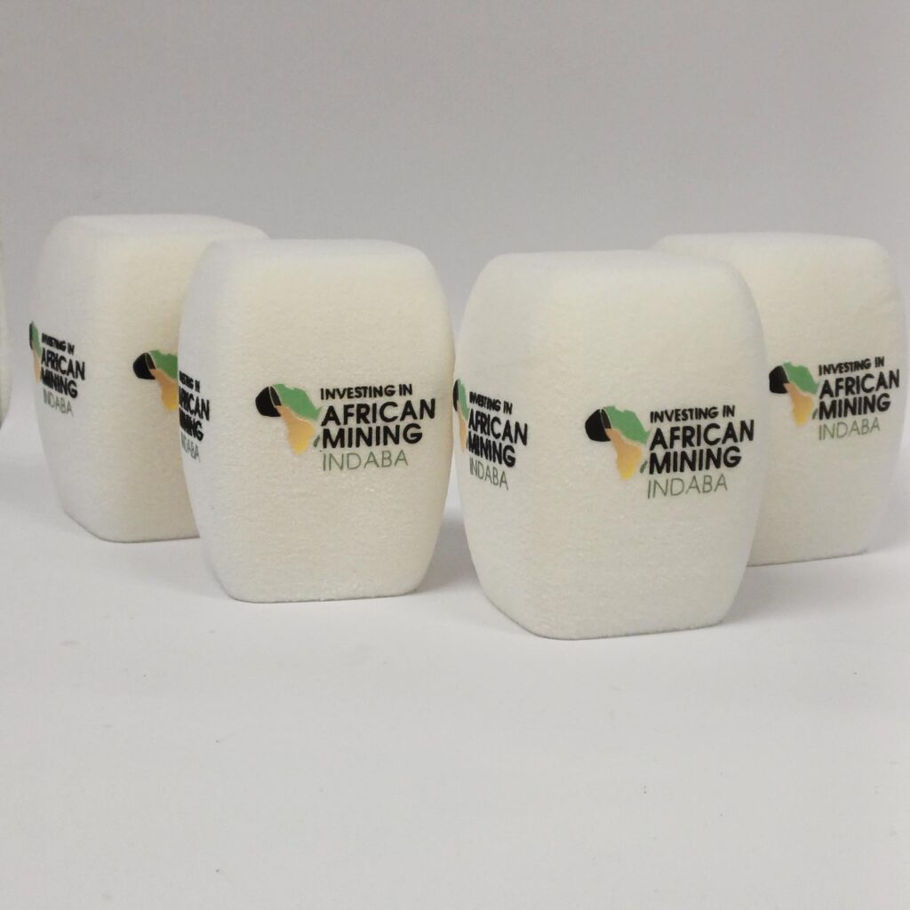 Photo of custom windscreen for Investing In African Mining Indaba, UK - printed microphone windshield by MicWindshields.com