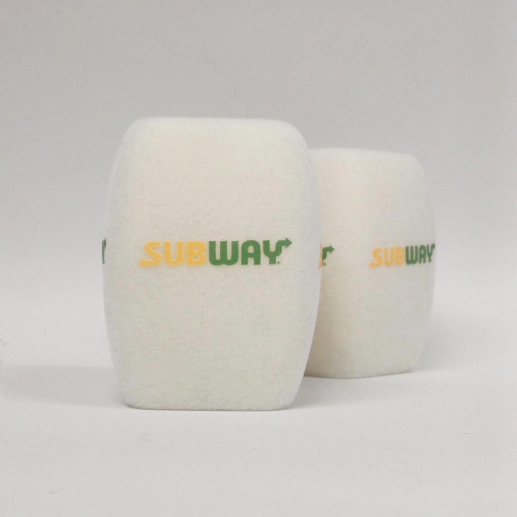 Photo of custom windscreen for SUBWAY®, UK - printed microphone windshield by MicWindshields.com