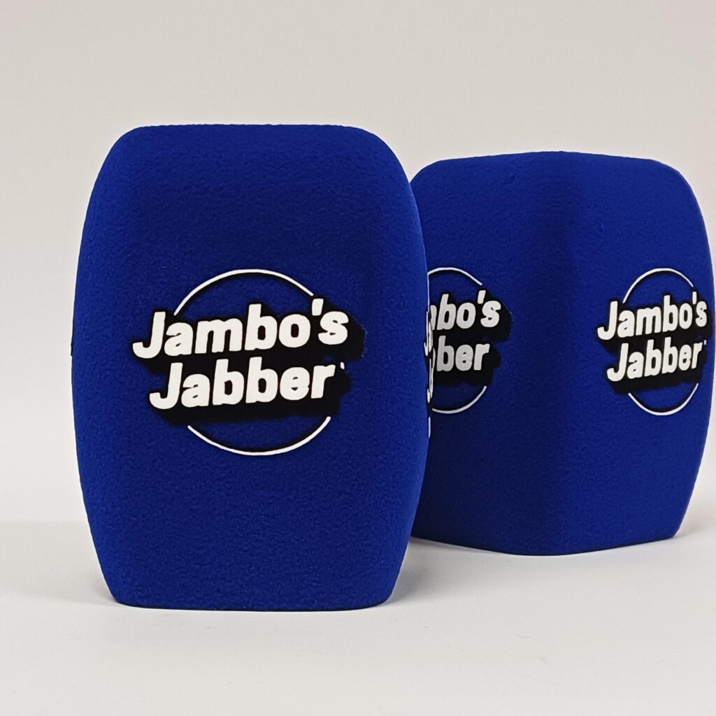 Photo of custom windscreen for Jambo's Jabber, UK - printed microphone windshield by MicWindshields.com