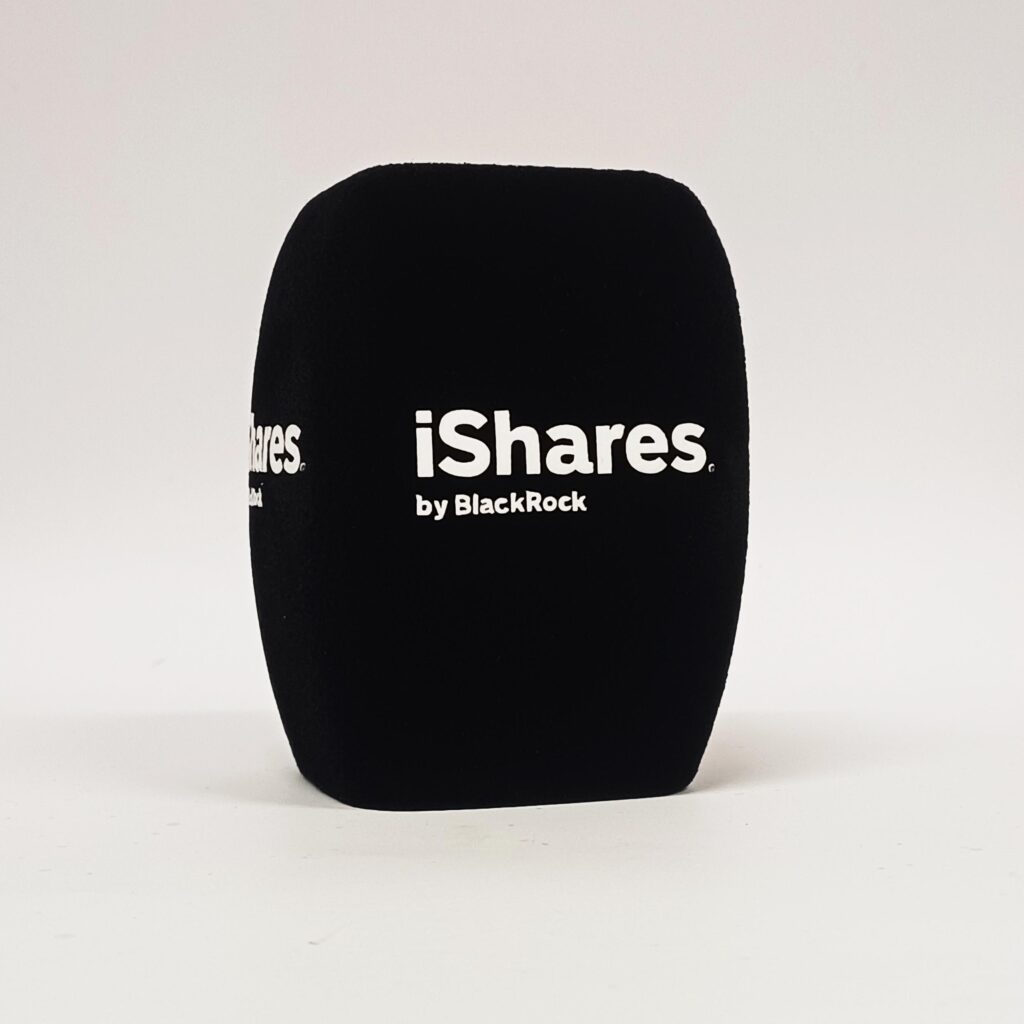 Photo of custom windscreen for iShares by BlackRock, UK - printed microphone windshield by MicWindshields.com