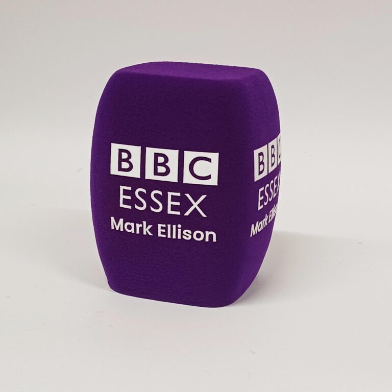 Photo of custom windscreen for BBC Essex Mark Ellison, UK - printed microphone windshield by MicWindshields.com