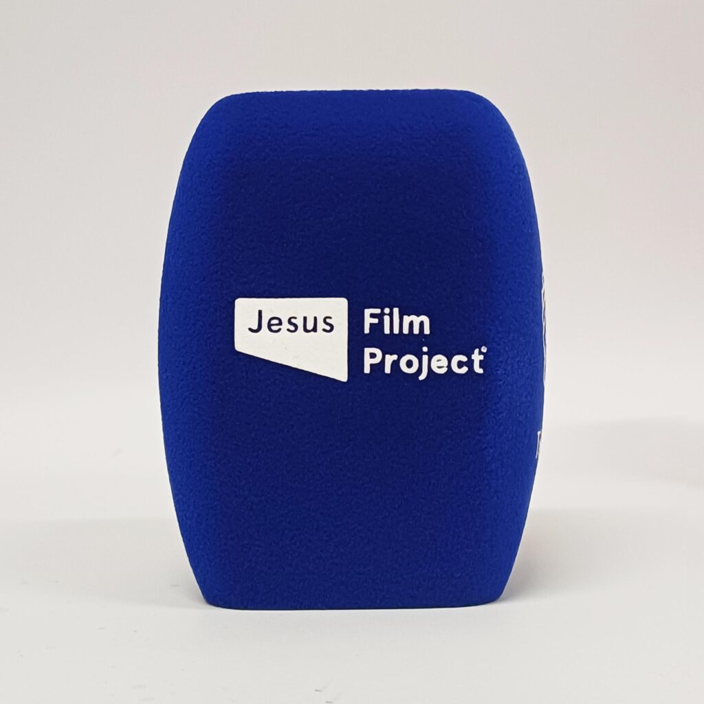 Photo of custom windscreen for Jesus Film Project, IE - printed microphone windshield by MicWindshields.com