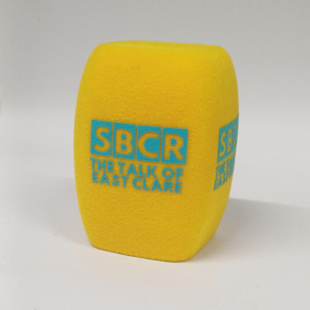 Photo of custom windscreen for SBCR The Talk Of East Clare, IE - printed microphone windshield by MicWindshields.com