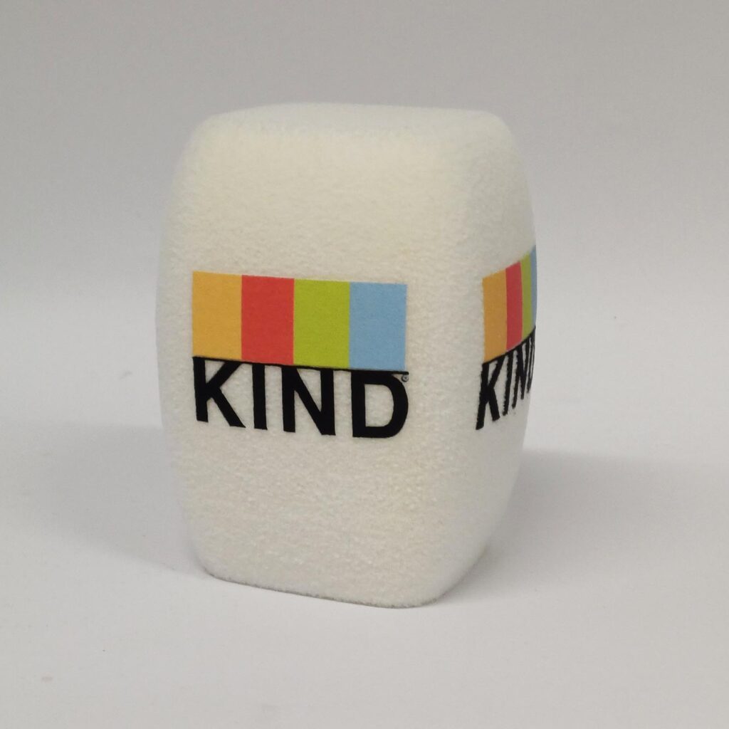 Photo of custom windscreen for KIND®, UK - printed microphone windshield by MicWindshields.com