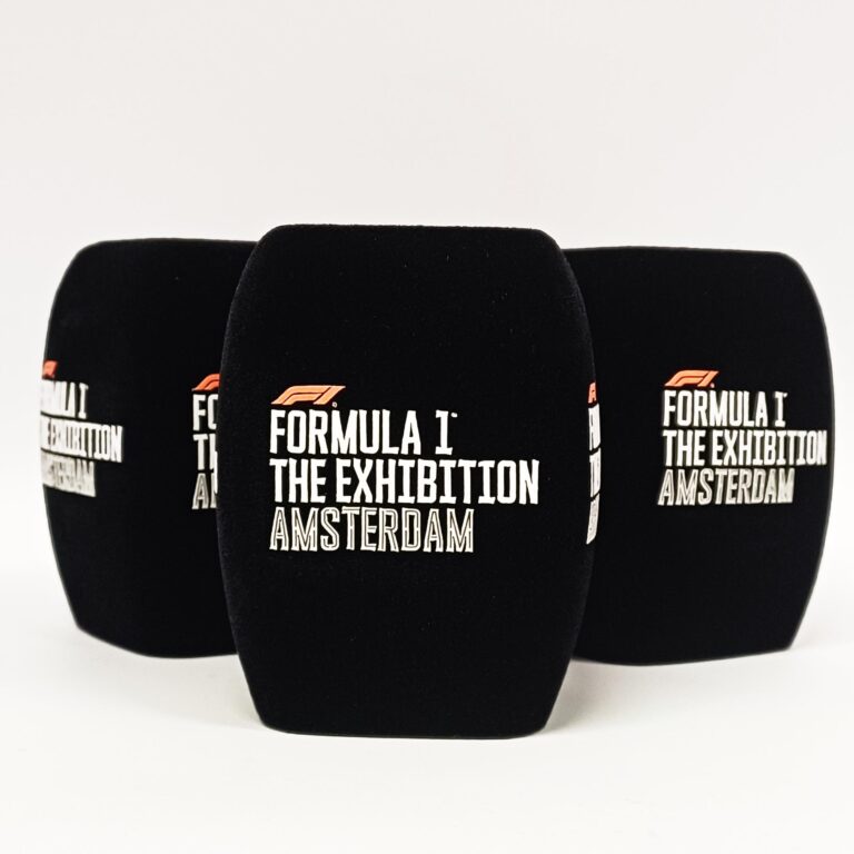 Photo of custom windscreen for Formula 1® The Exhibition Amsterdam, NL - printed microphone windshield by MicWindshields.com
