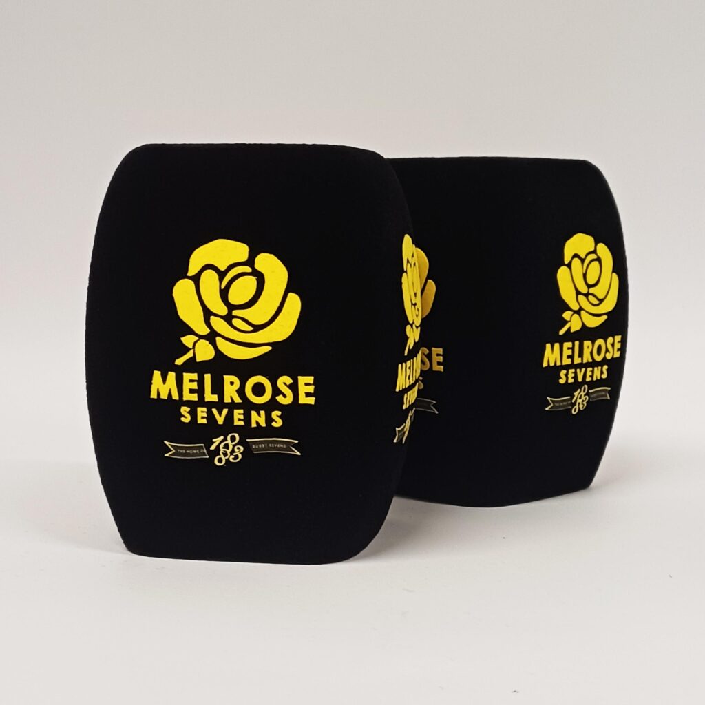 Photo of custom windscreen for Melrose Sevens, UK - printed microphone windshield by MicWindshields.com