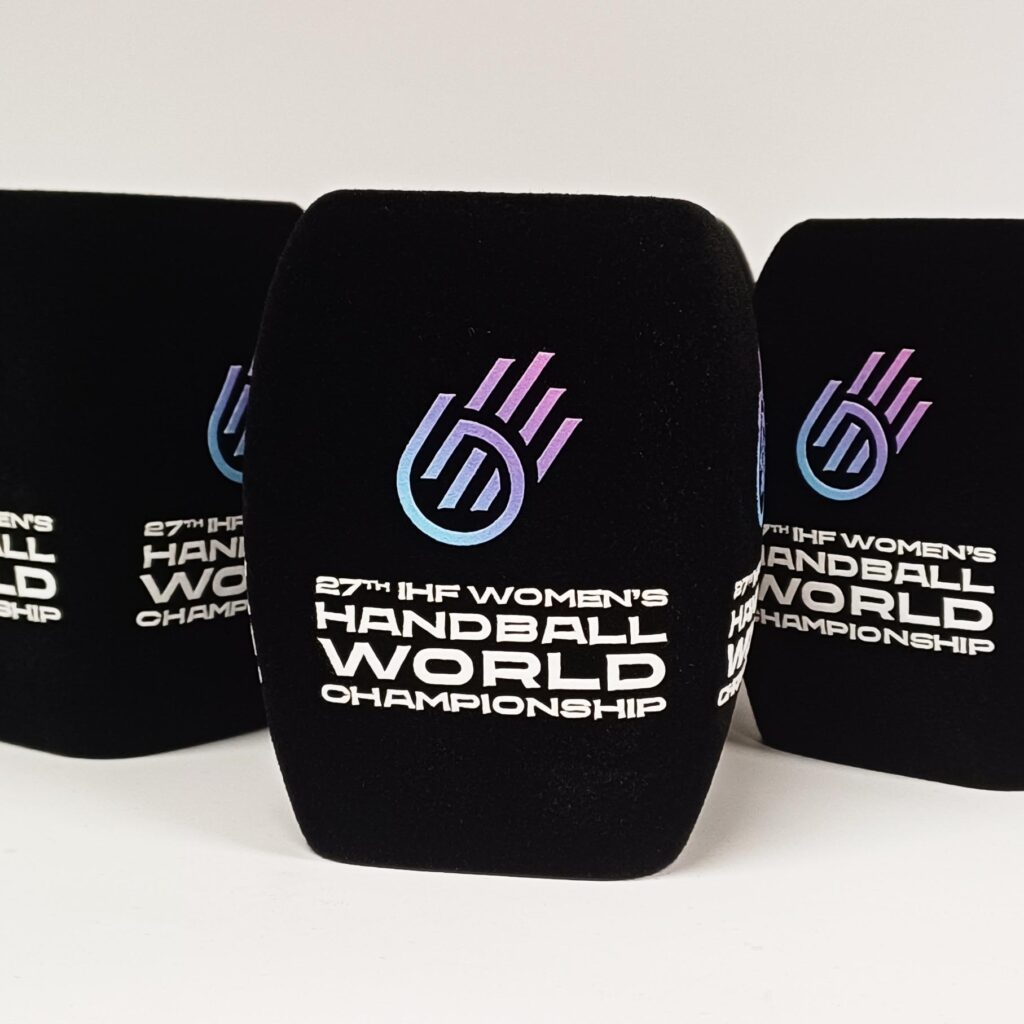 Photo of custom windscreen for 27th IHF Women's Handball World Championship, NL - printed microphone windshield by MicWindshields.com
