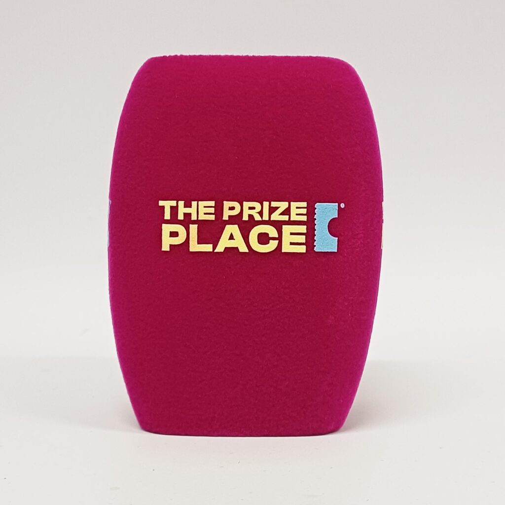 Photo of custom windscreen for The Prize Place, UK - printed microphone windshield by MicWindshields.com