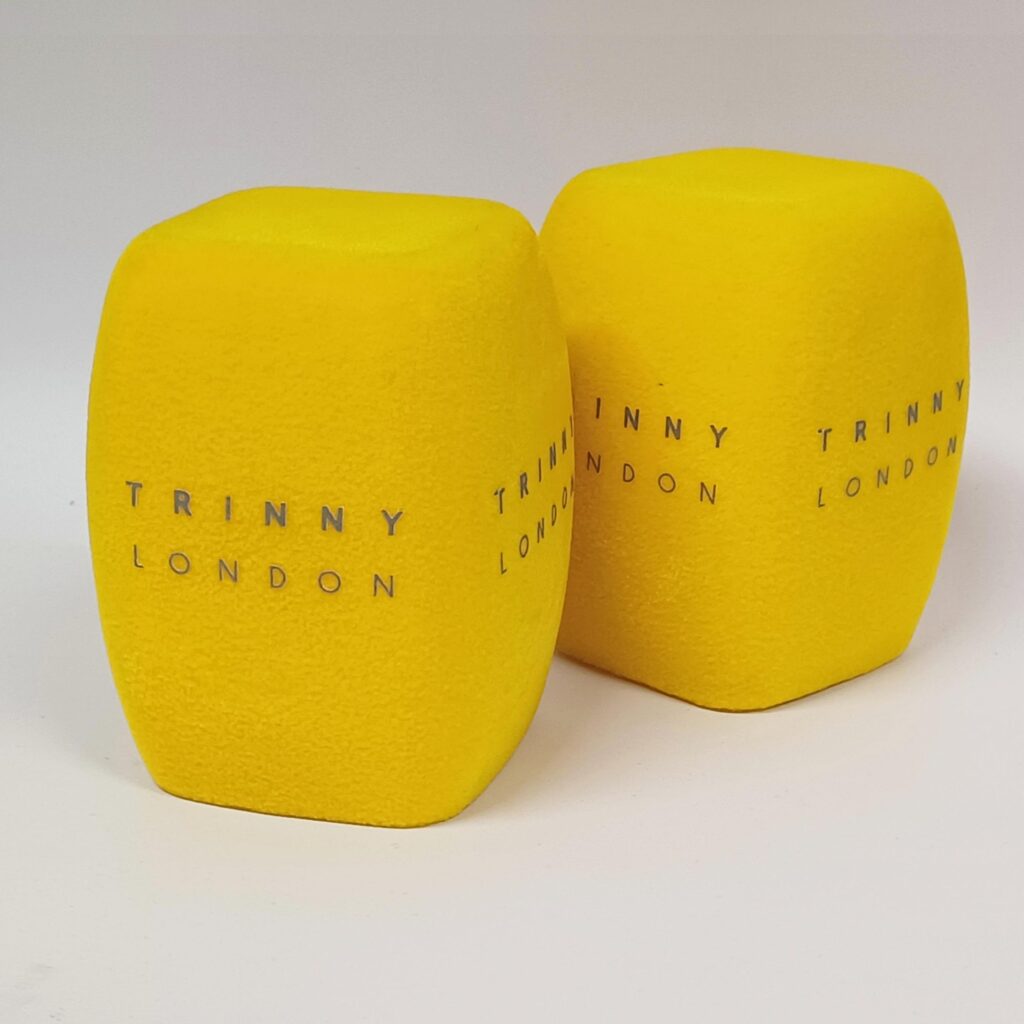 Photo of custom windscreen for Trinny London, UK - printed microphone windshield by MicWindshields.com