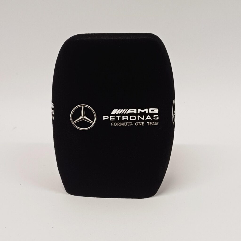 Photo of custom windscreen for Mercedes AMG Petronas Formula One Team, UK - printed microphone windshield by MicWindshields.com