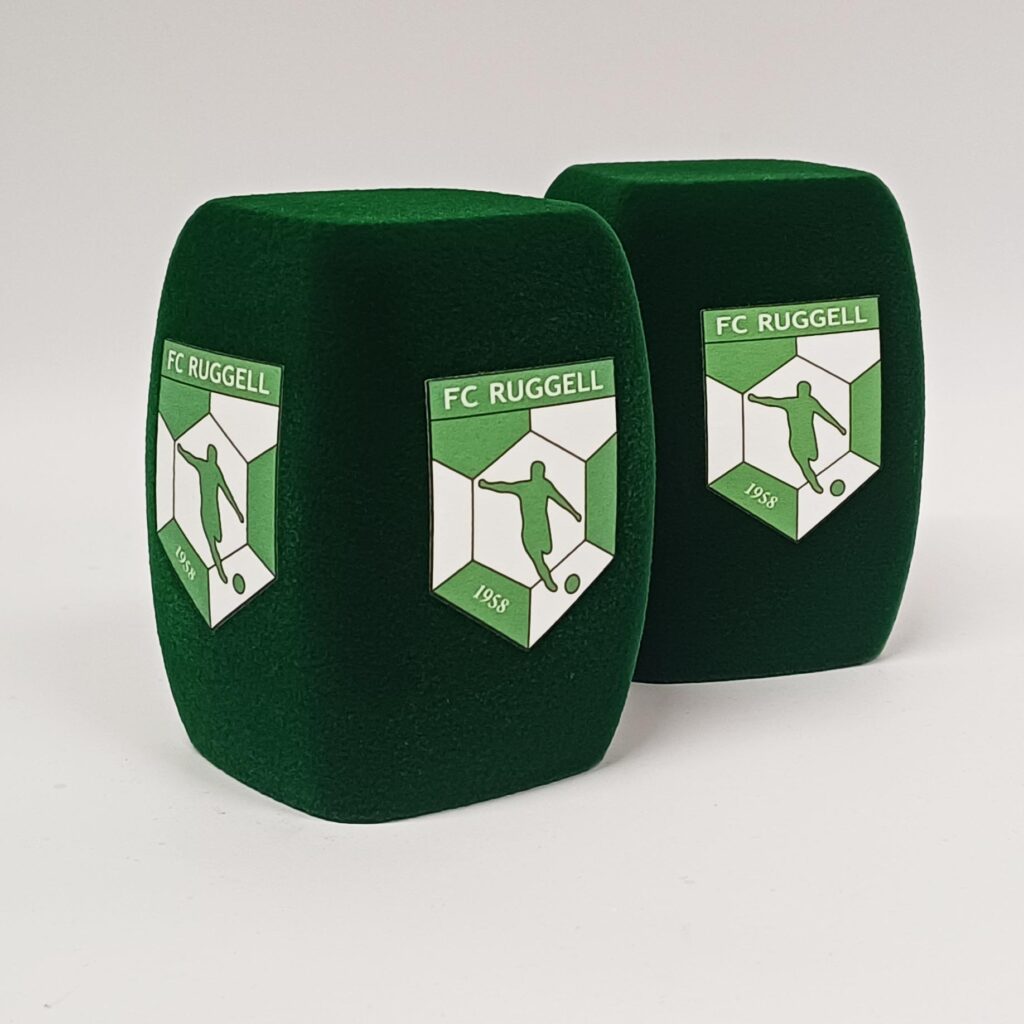 Photo of custom windscreen for FC Ruggell, CH - printed microphone windshield by MicWindshields.com