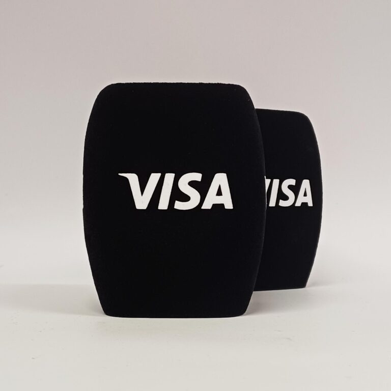 Photo of custom windscreen for VISA, UK - printed microphone windshield by MicWindshields.com