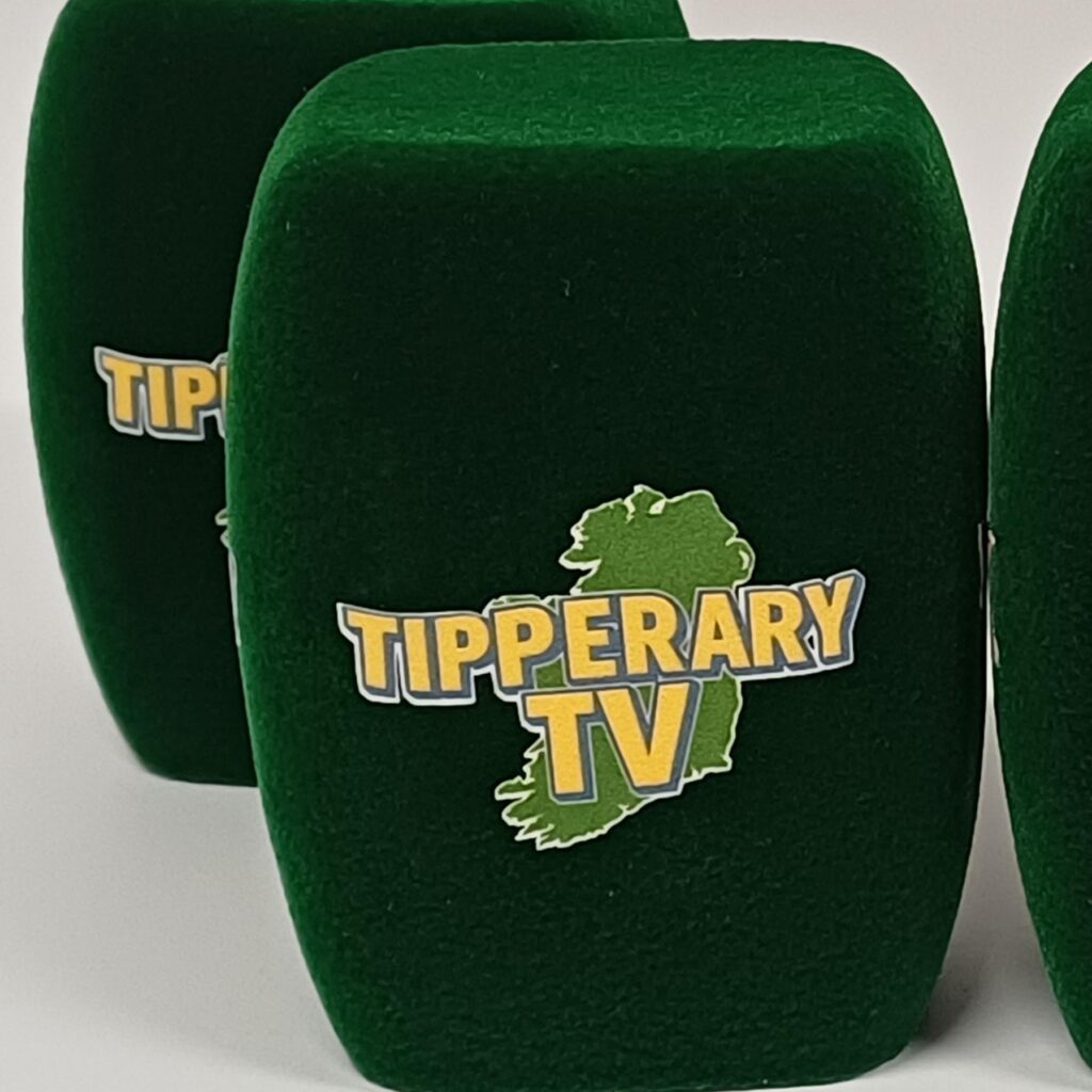 Photo of custom windscreen for Tipperary Tv, IE - printed microphone windshield by MicWindshields.com