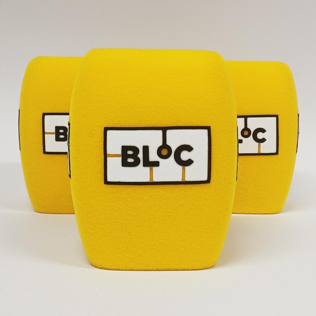 Photo of custom windscreen for BLOC, IE - printed microphone windshield by MicWindshields.com