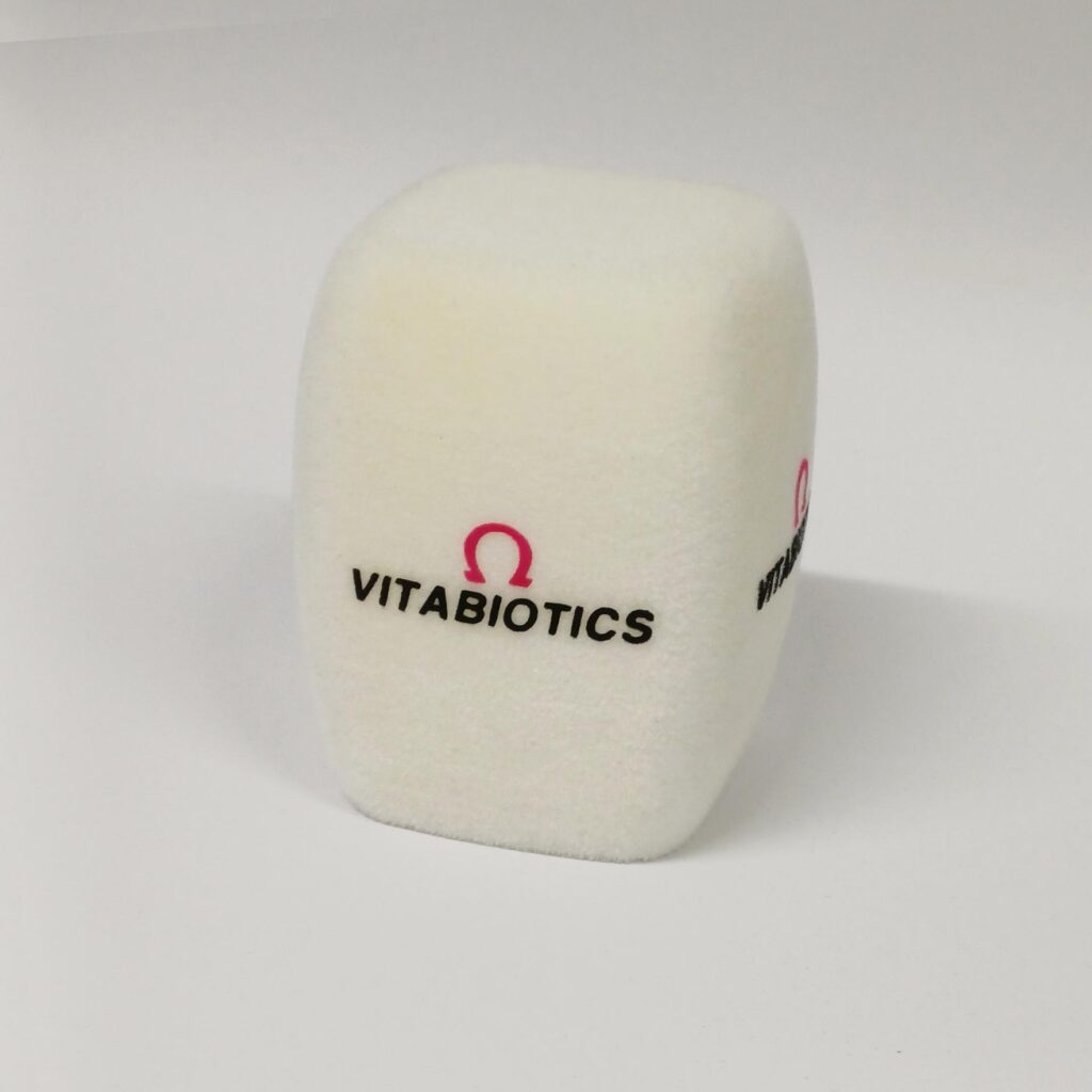 Photo of custom windscreen for Vitabiotics, UK - printed microphone windshield by MicWindshields.com
