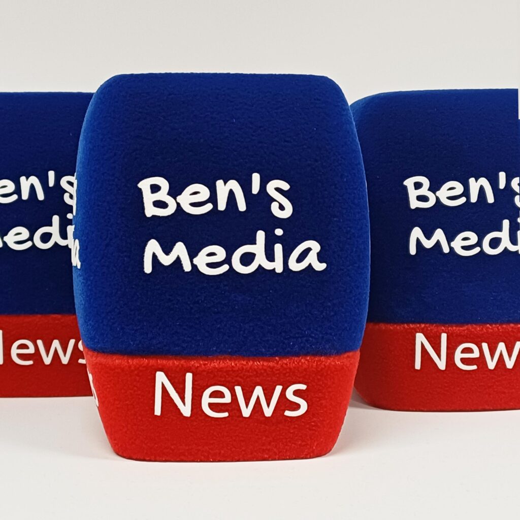 Photo of custom windscreen for Ben's Media Newsy, US - printed microphone windshield by MicWindshields.com