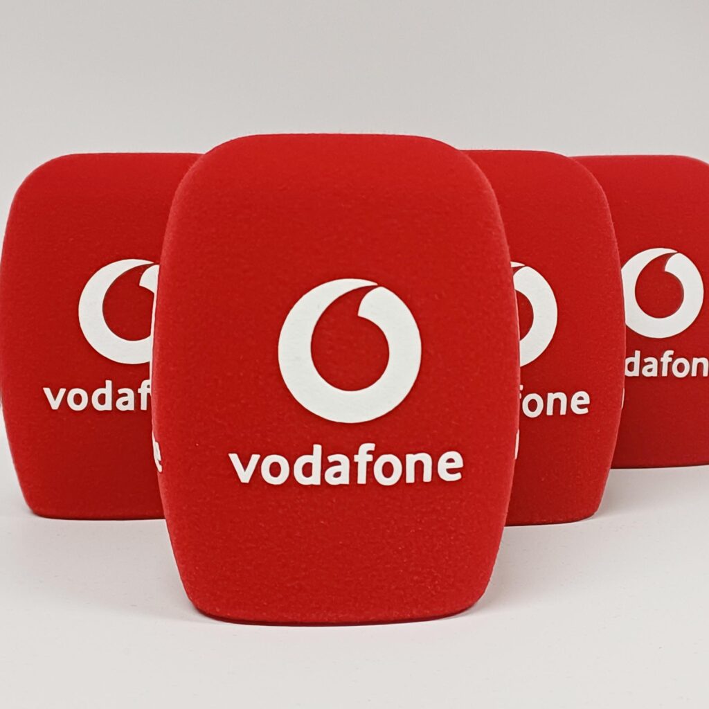 Photo of custom windscreen for Vodafone, UK - printed microphone windshield by MicWindshields.com