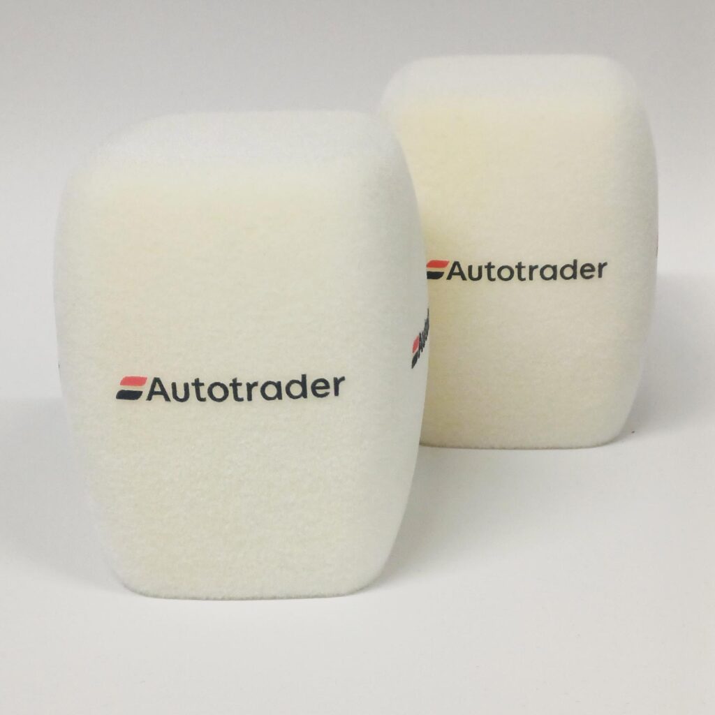 Photo of custom windscreen for Autotrader, UK - printed microphone windshield by MicWindshields.com