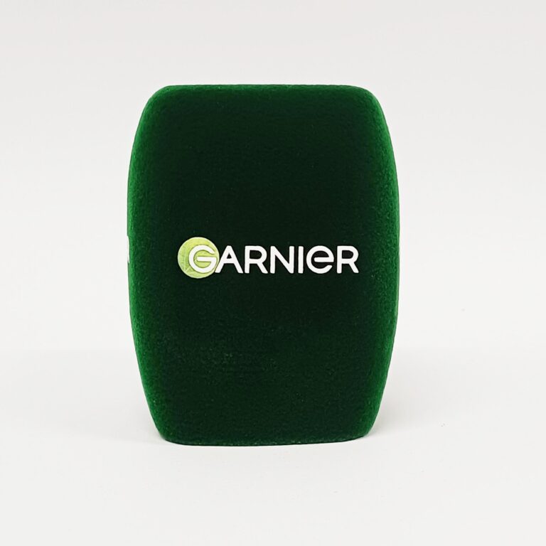 Photo of custom windscreen for Garnier, UK - printed microphone windshield by MicWindshields.com