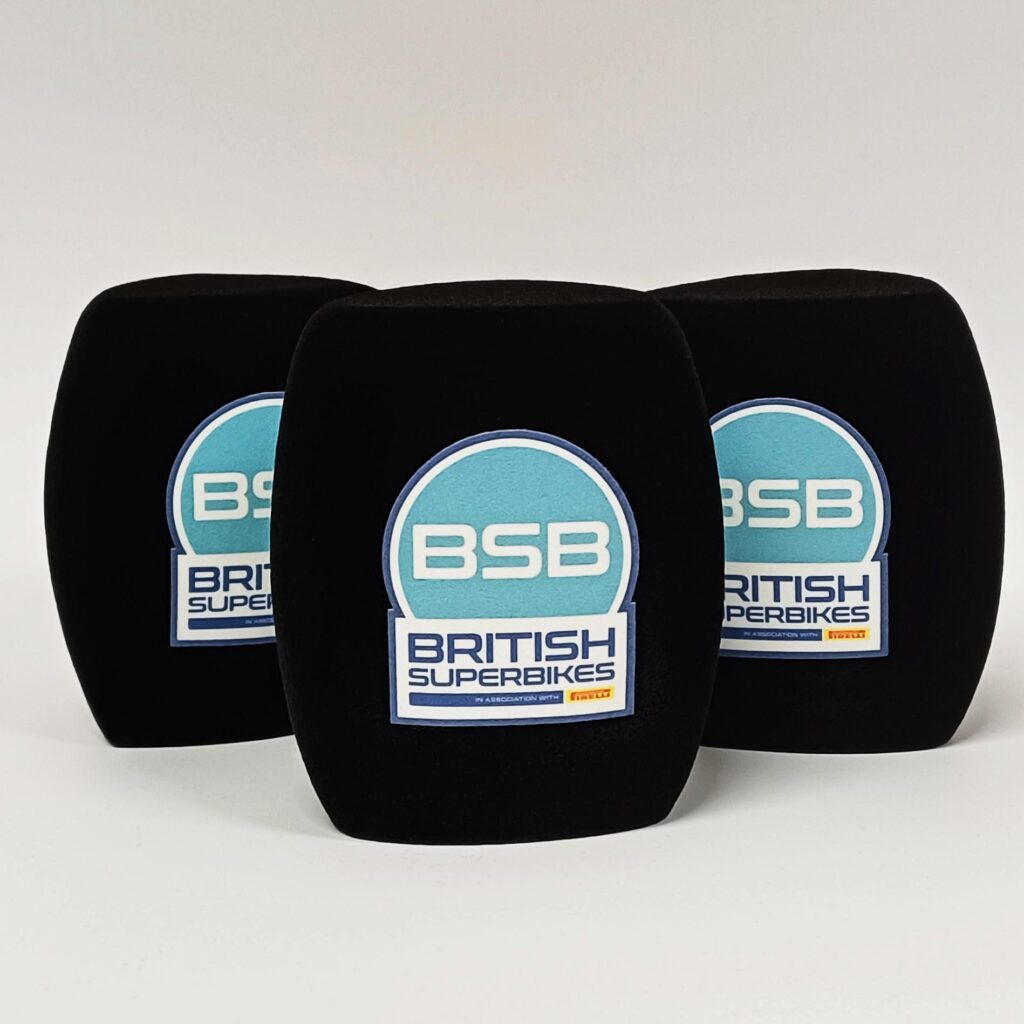 Photo of custom windscreen for BSB British Superbikes, UK - printed microphone windshield by MicWindshields.com