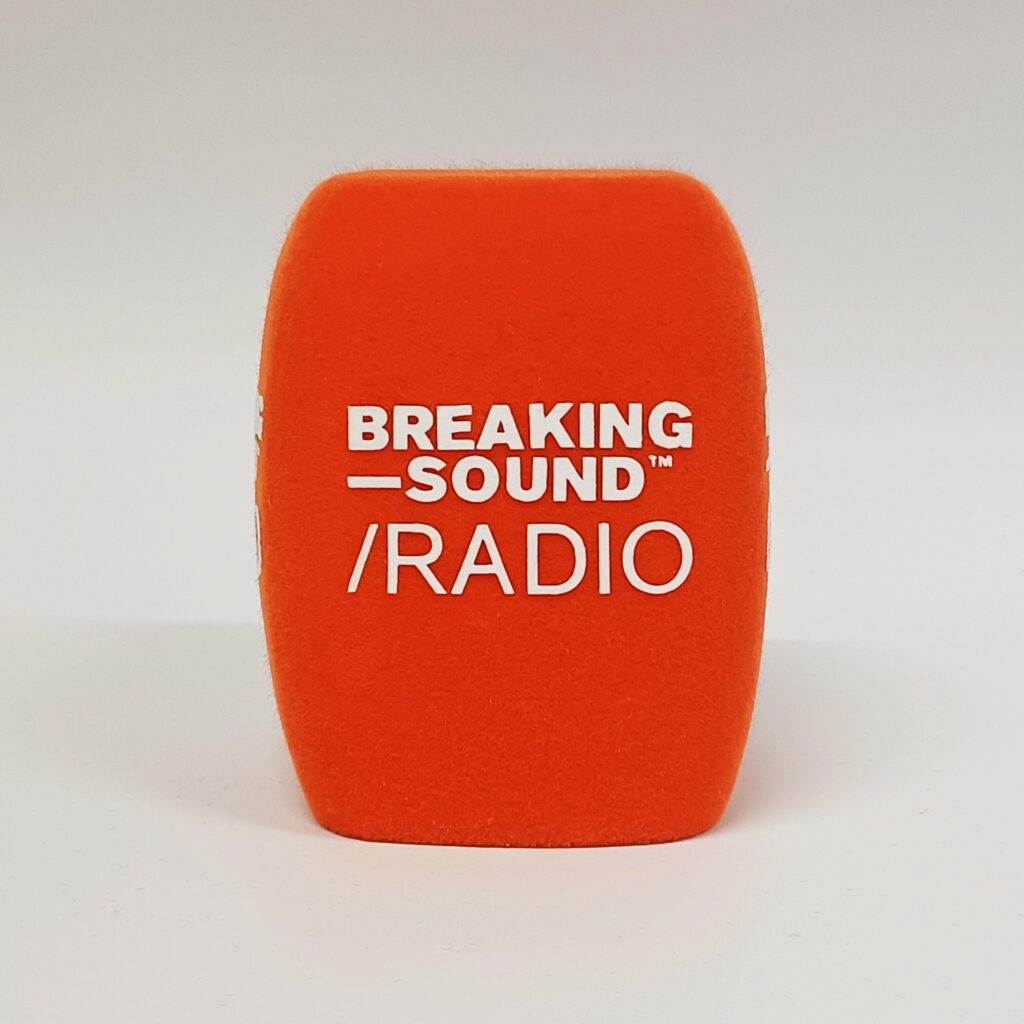 Photo of custom windscreen for Breaking Sound Radio, US - printed microphone windshield by MicWindshields.com