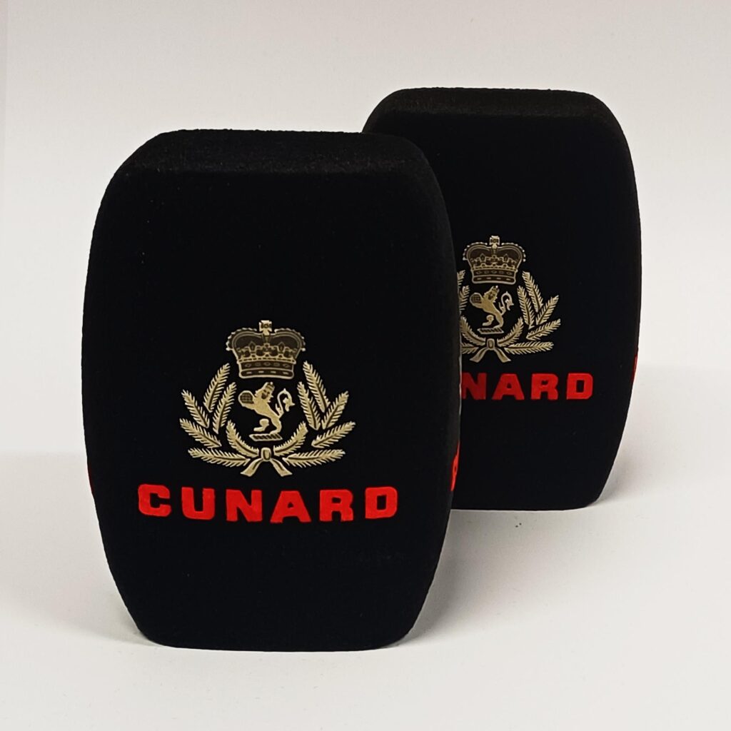 Photo of custom windscreen for CUNARD, UK - printed microphone windshield by MicWindshields.com
