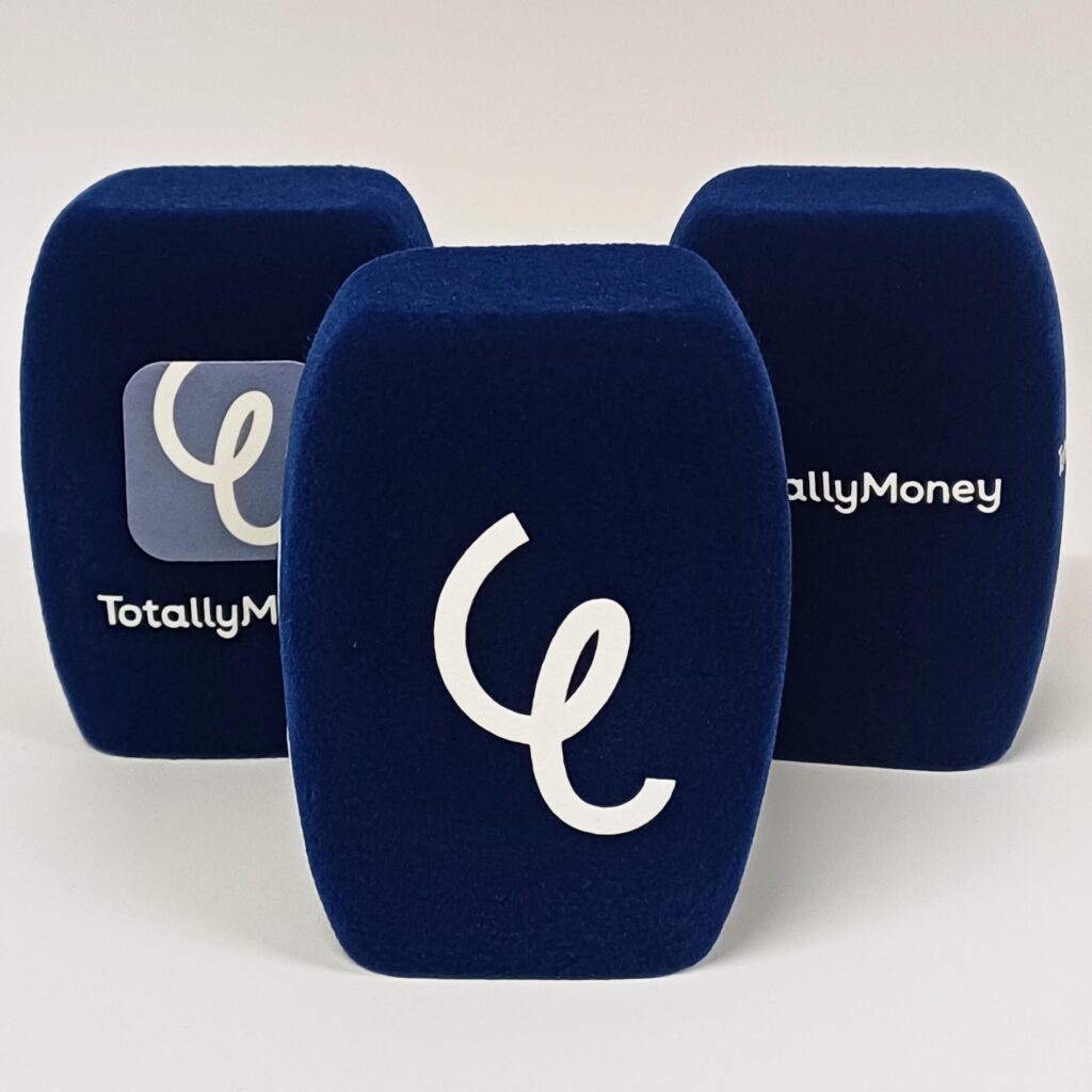 Photo of custom windscreen for Totally Money, UK - printed microphone windshield by MicWindshields.com