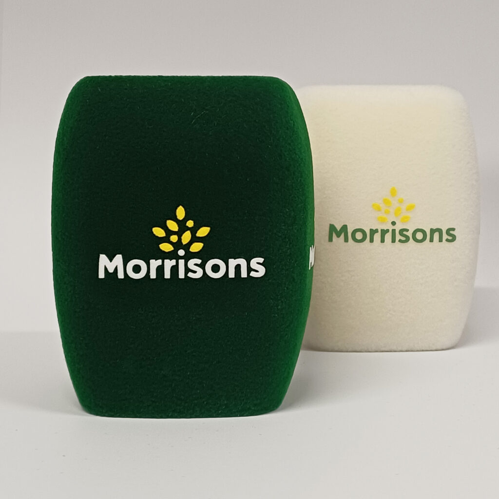 Photo of custom windscreen for Morrisons, UK - printed microphone windshield by MicWindshields.com