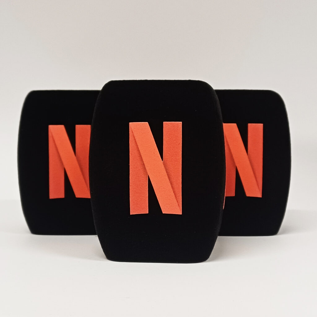 Photo of custom windscreen for Netflix, UK - printed microphone windshield by MicWindshields.com