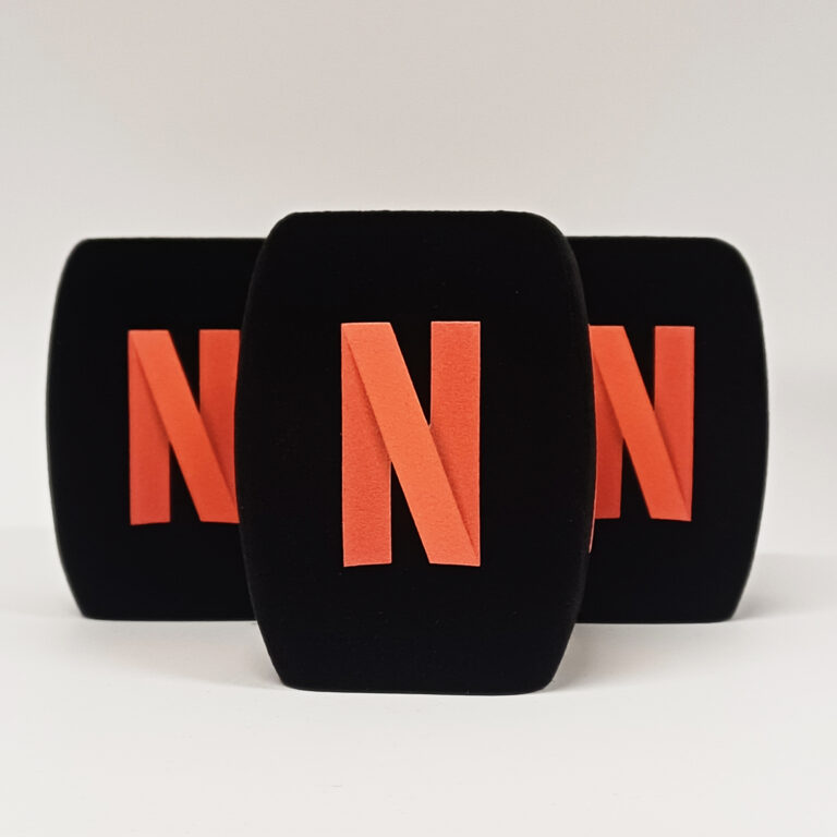 Photo of custom windscreen for Netflix, UK - printed microphone windshield by MicWindshields.com