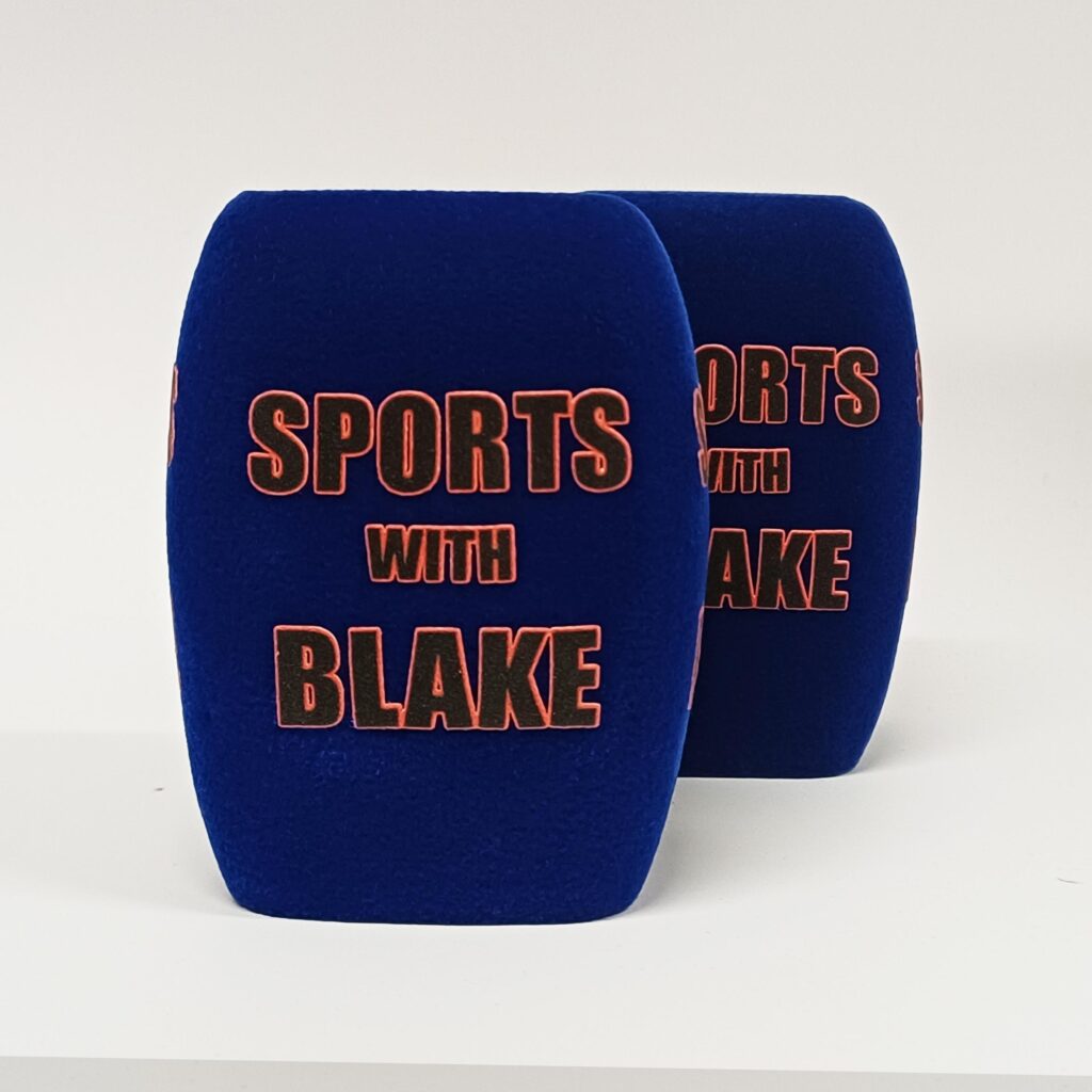 Photo of custom windscreen for Sports With Blake, UK - printed microphone windshield by MicWindshields.com