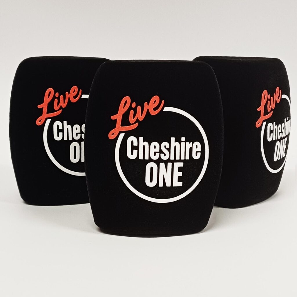 Photo of custom windscreen for Cheshire ONE Live, UK - printed microphone windshield by MicWindshields.com