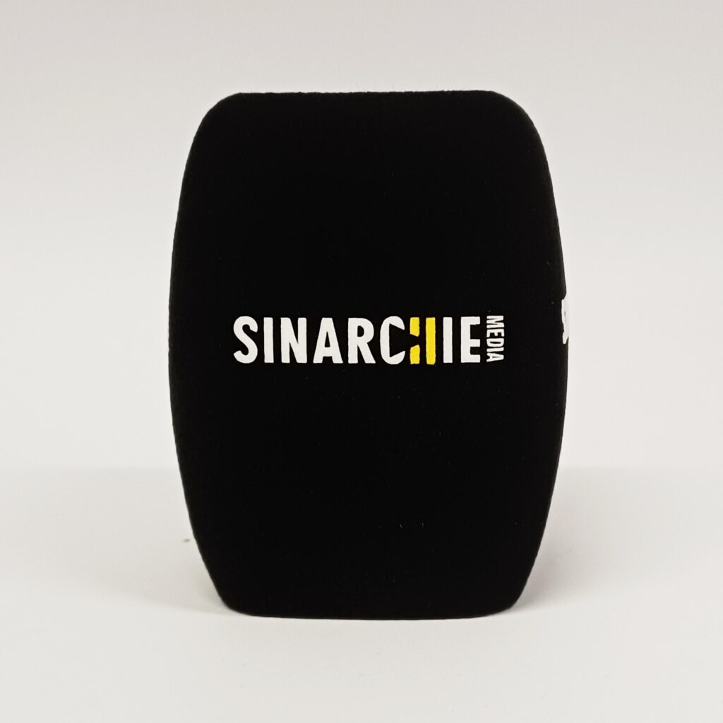Photo of custom windscreen for Sinarchie media, UK - printed microphone windshield by MicWindshields.com