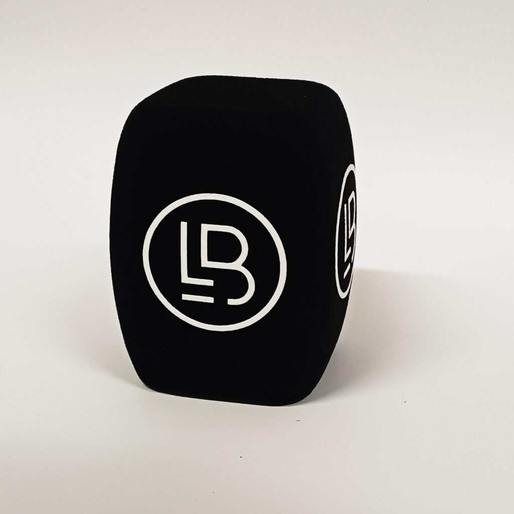 Photo of custom windscreen for LB - Lakrids By Bülow, DK - printed microphone windshield by MicWindshields.com