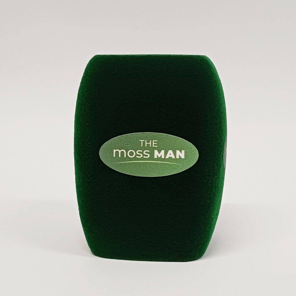 Photo of custom windscreen for The Moss Man, UK - printed microphone windshield by MicWindshields.com