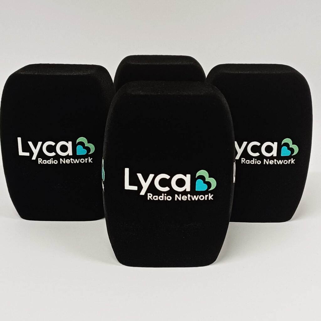 Photo of custom windscreen for Lyca Radio Network, UK - printed microphone windshield by MicWindshields.com