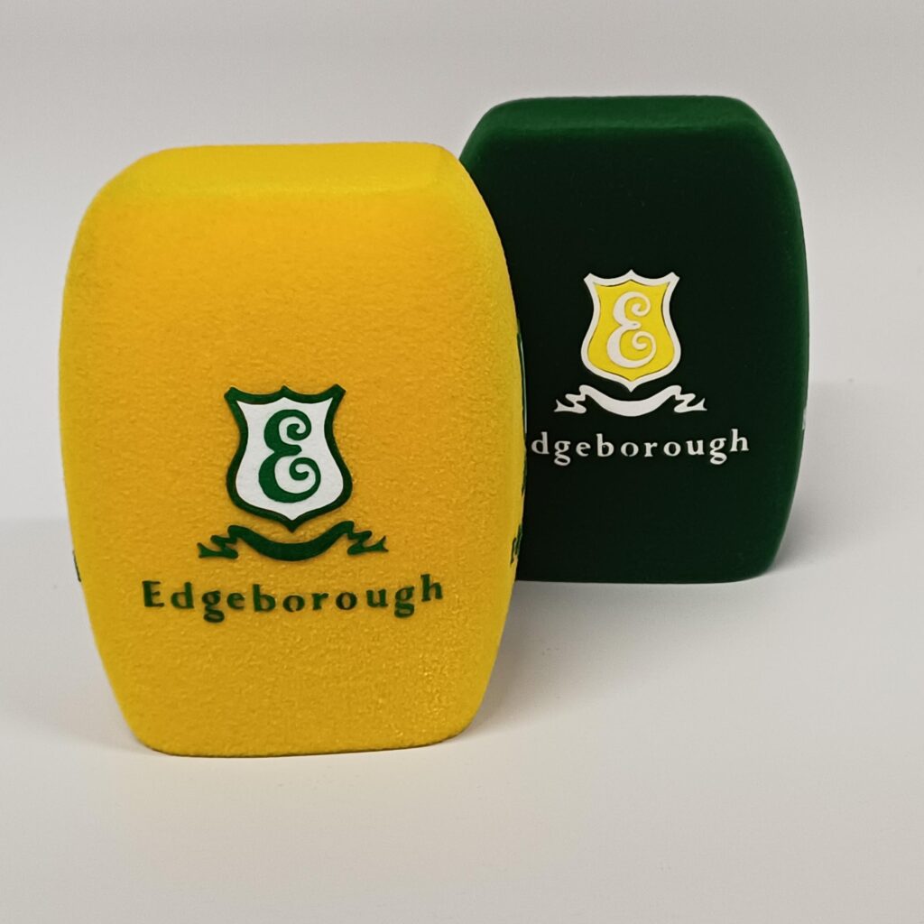 Photo of custom windscreen for Edgeborough School, UK - printed microphone windshield by MicWindshields.com