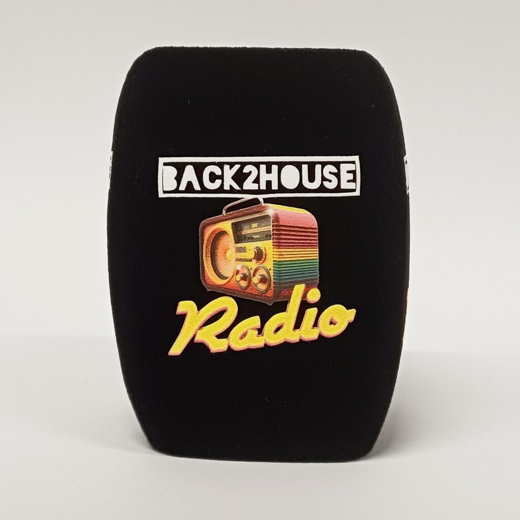 Photo of custom windscreen for Back2house Radio, UK - printed microphone windshield by MicWindshields.com