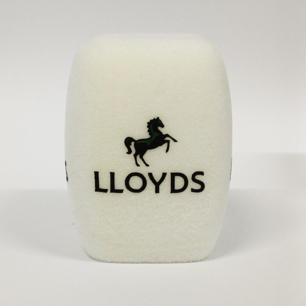 Photo of custom windscreen for Lloyds, UK - printed microphone windshield by MicWindshields.com