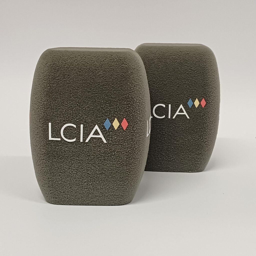 Photo of custom windscreen for LCIA, UK - printed microphone windshield by MicWindshields.com