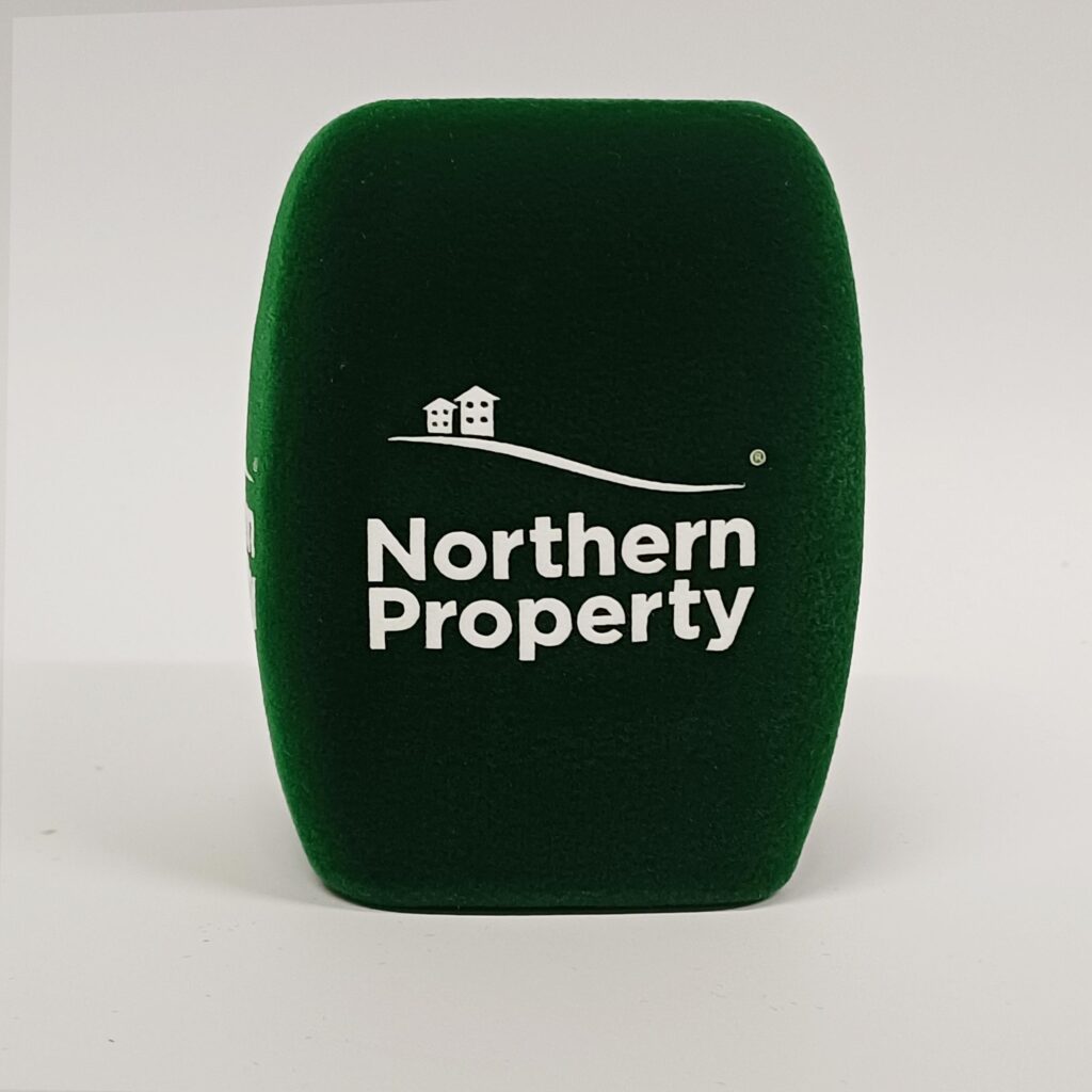 Photo of custom windscreen for Northern Property, UK - printed microphone windshield by MicWindshields.com